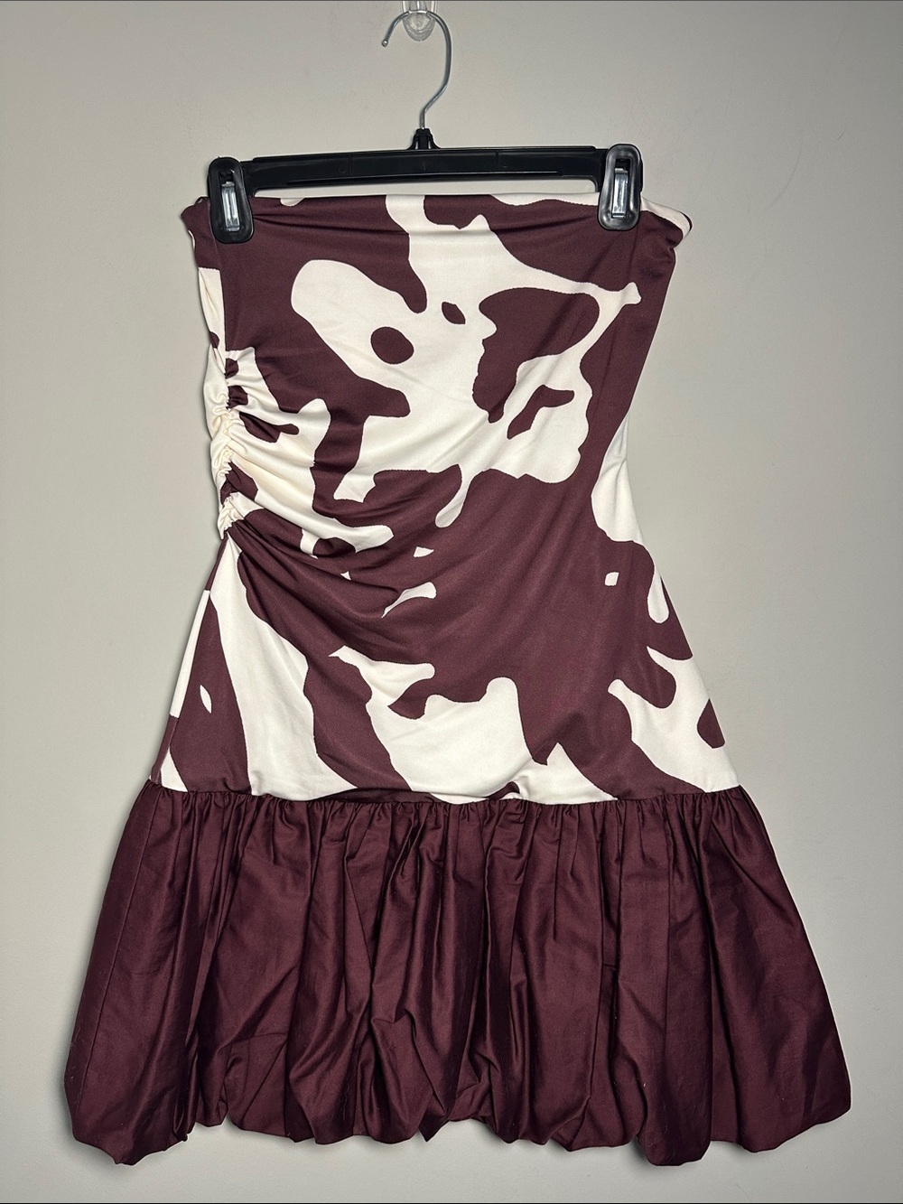 SIEDRES Roben Strapless Brown & White Ruched bubble Skirt REVOLVE mini Dress